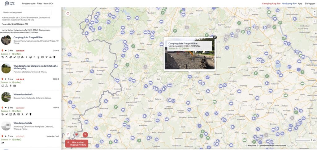 Screenshot der Browser-Version von Camping-app.eu 